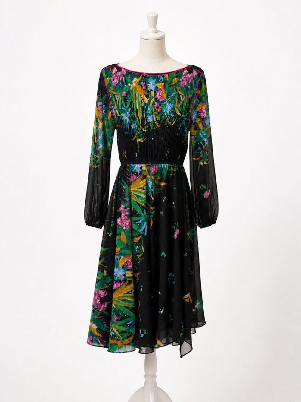 Floral Black Midi Sheer Dress with Green and Pink Print